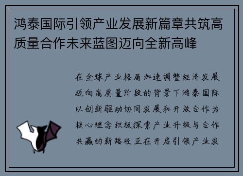 鸿泰国际引领产业发展新篇章共筑高质量合作未来蓝图迈向全新高峰